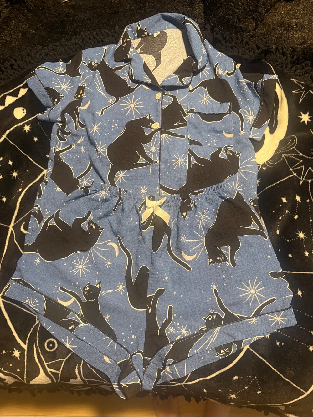 Blue Cat Print Short Pajama Set - Women